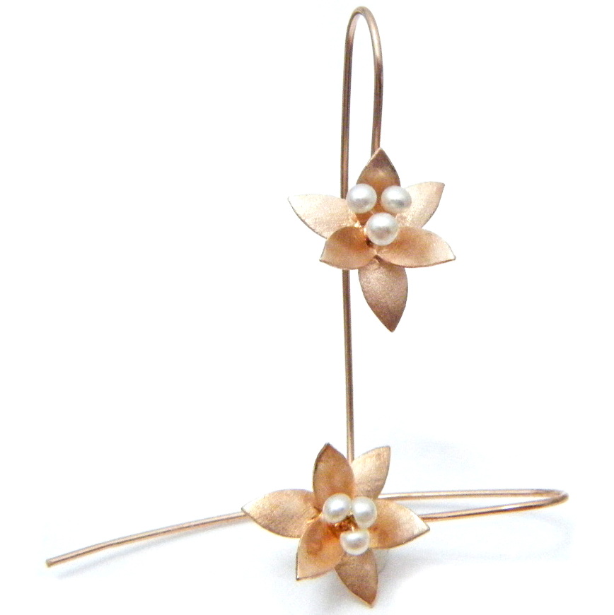 Rose Gold Flowers with White Pearl Stamen Earrings